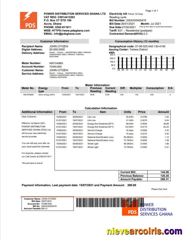 Ghana PDS electricity utility bill